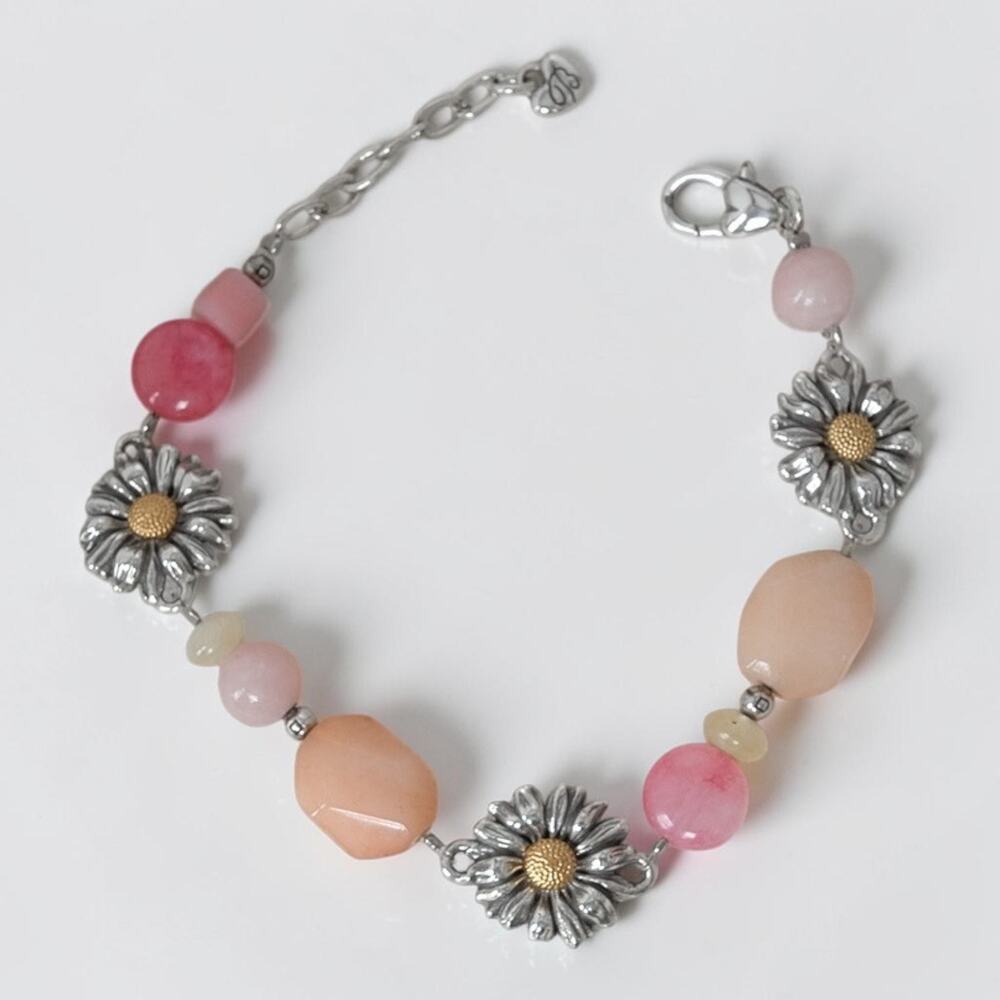 Brighton Paradise Garden Daisy Charm Bracelet Pink Stone Beads Retired Silver
